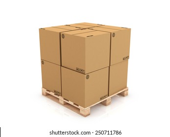 cardboard boxes on wooden pallet 3d illustration, isolated on white background