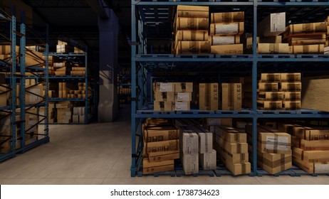 Cardboard Boxes Stored Inside An Illuminated Warehouse 3D Rendering