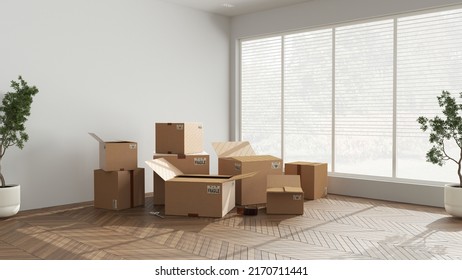 Cardboard carton boxes stack in modern empty room, wooden step ladder, interior design. Panoramic window and parquet floor, potted plants. Moving concept idea, 3d illustration - Powered by Shutterstock