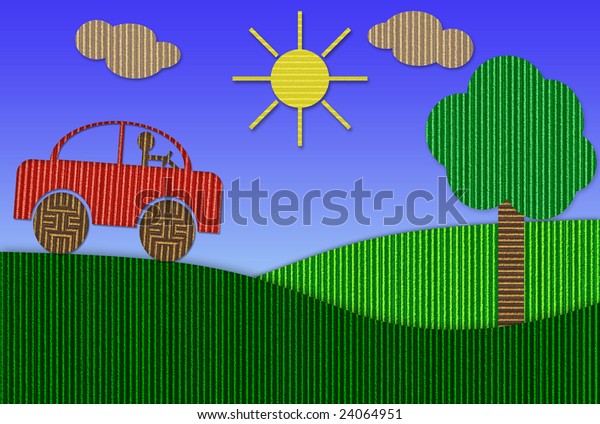 Cardboard illustration of a man driving his car\
in the country