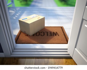 Cardboard parcel box delivered outside the door. Parcel on the door mat near entrance door. Online purchase delivery concept. 3d rendering