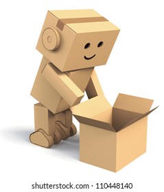 Cardboard Robot Opening A Cardboard Box