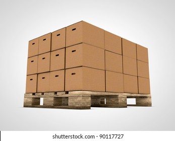 Cardboard with stacked boxes on wooden pallet