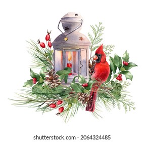 Cardinal Bird, Vintage Lantern, Floral Decor. Christmas Scene. Watercolor Illustration. Pine Fir Branches, Holly Berry, Winter Greenery, Coin.  Holiday Composition For Card, Stationery