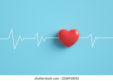 Cardiogram pulse trace with Red heart on pastel blue background. 3D rendering.