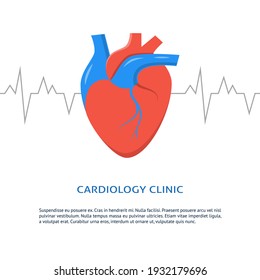 Cardiology clinic banner with place for text. Medical poster with heart symbol in flat style.