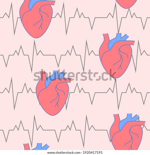 Cardiology seamless pattern with\
heart symbol in line style. Medical repeatable\
background.