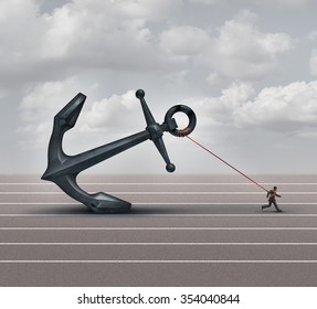 Career Burden And Business Stress Concept As A Businessman Or Worker Pulling A Giant Heavy Metal Anchor As A Metaphor For Hardship And Struggle With Taxes Or Oppression.