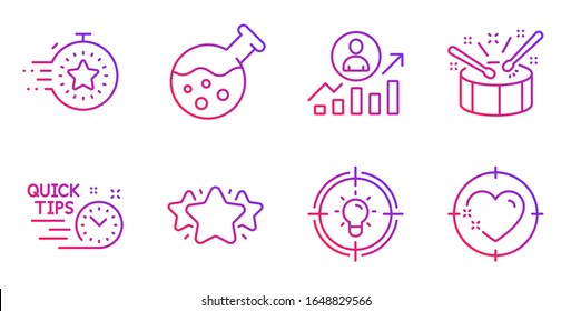 Career Ladder, Quick Tips And Timer Line Icons Set. Drums, Star And Chemistry Lab Signs. Idea, Heart Target Symbols. Manager Results, Helpful Tricks. Gradient Career Ladder Icon.