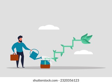 Career path development, work ladder and future employee. Investment for success and mentoring. Businessman watering flowers and business growth. illustration concept.