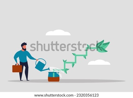 Career path development, work ladder and future employee. Investment for success and mentoring. Businessman watering flowers and business growth. illustration concept.