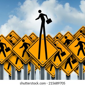 Career Success And Climb To The Top Concept As A Group Of Worker Crossing Traffic Signs With One Businessman Breaking Out Of The Pack As A Symbol Of Leadership And Out Of The Box Innovation Thinking.