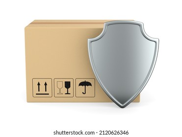 Cargo Box And Shield On White Background. Isolated 3D Illustration