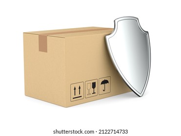 Cargo Box And Shield On White Background. Isolated 3D Illustration