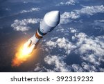 Cargo Carrier Rocket Launch In The Clouds. 3D Scene.
