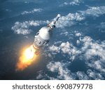 Cargo Carrier Rocket Launch In The Clouds. 3D Illustration.