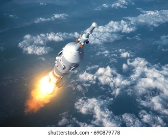 Cargo Carrier Rocket Launch In The Clouds. 3D Illustration.