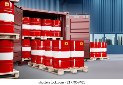 Cargo Container With Barrels. Barrels For Chemical Products On Pallets. Preparation Toxic Products For Transportation. Red Barrels With Flammable Symbol. Sea Container With Chemicals. 3d Image