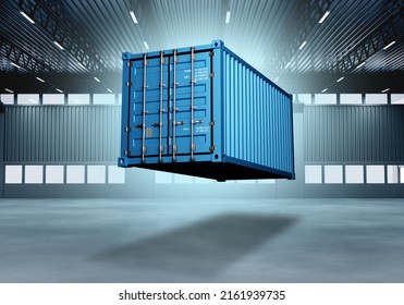 Cargo container. Closed sea container in hangar. Metal box for transportation. Place for inscription on white. Copy space. Blue cargo container. Freight transportation service concept. 3d image.