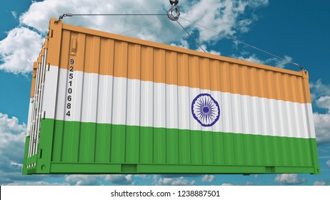 Cargo Container With Flag Of India. Indian Import Or Export Related Conceptual 3D Rendering