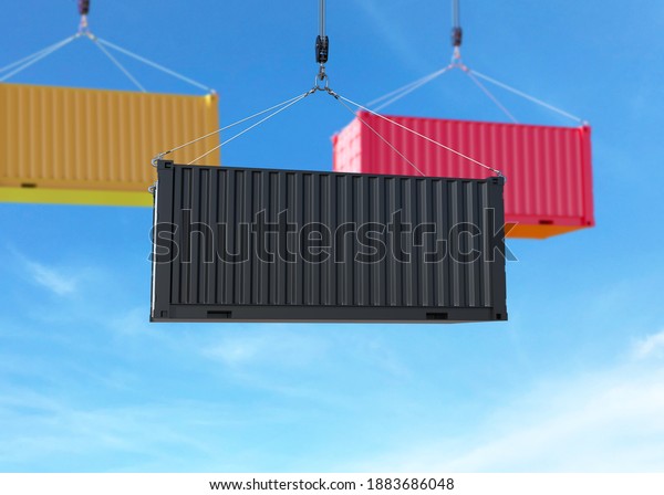 Cargo container hanging on a crane hook on\
blue sky. 3D\
illustration