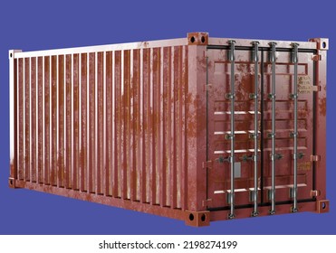 Cargo container. Rusty tare for transporting goods by sea. Closed is very old container. Cargo 20 feet container isolated on purple. Visualization old tare for transport companies. 3d rendering.