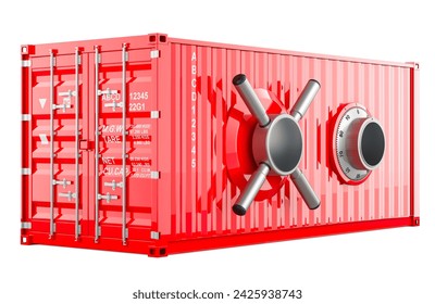 Cargo container with safe combination lock. Insurance and protect freight transportation concept. 3D rendering isolated on white background
