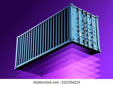 Cargo Container. Tare For Transportation By Ship. Sea Freight Container On Purple Background. Closed Cargo Container In Air. Visualization Of Metal Box For Import Export. 3d Rendering.