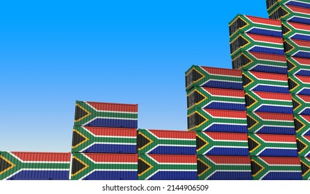 Cargo Containers With Flags Of South Africa Making A Rising Graph. Economic Growth Related 3D Rendering