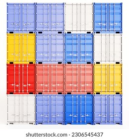 cargo containers of the same size in different colors, neatly stacked on top of each other, in a row. 3D render