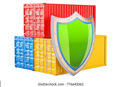 Cargo Containers With Shield, Insurance And Protect Delivery Concept. 3D Rendering