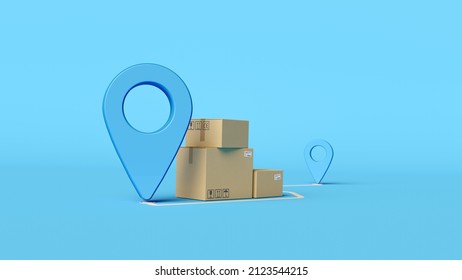 Cargo delivery, logistics and distribution concept. ?ardboard boxes with location pointer showing the destination. Online order tracking concept. Minimal composition. 3d illustration. 3d render.