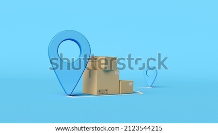 Cargo delivery, logistics and distribution concept. ?ardboard boxes with location pointer showing the destination. Online order tracking concept. Minimal composition. 3d illustration. 3d render. Сток-фото © 