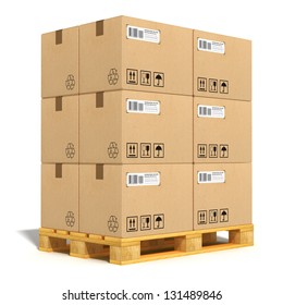 Cargo, Delivery And Transportation Industry Concept: Stacked Cardboard Boxes On Wooden Shipping Pallet Isolated On White Background