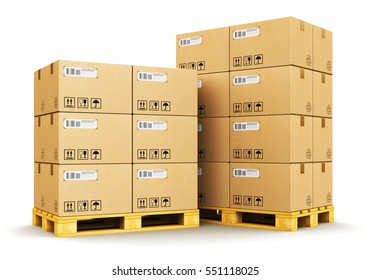 Cargo, delivery and transportation logistics storage warehouse industry business commercial concept: 3D render of the group of stacked cardboard boxes on industrial shipping pallets isolated on white