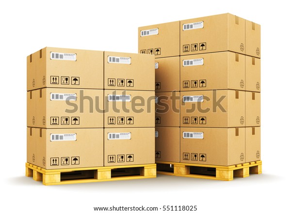 荷物 配送 輸送物流倉庫業の商業コンセプト 白い背景に工業出荷用パレットに積み重ねた段ボール箱の3dレンダリング のイラスト素材