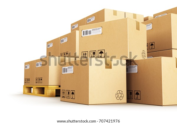 荷物 配送 輸送物流倉庫の業界のビジネスコンセプト 白い背景に積み重ねた段ボール箱のグループを木の出荷用パレットに3dレンダリング のイラスト素材