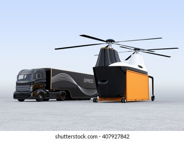 Cargo Drone And Hybrid Truck On The Ground. 3D Rendering Image