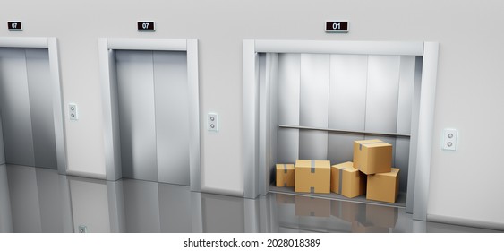 Cargo elevator with cardboard boxes in open silver cabin and closed service lift doors in hallway perspective view. Realistic illustration empty interior with wall and floor on warehouse, 3d render