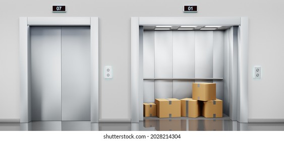 Cargo elevator with cardboard boxes in open cabin and service lift with closed doors in hallway. Building hall interior with silver metal gates, indoor transportation in office or warehouse, 3d render