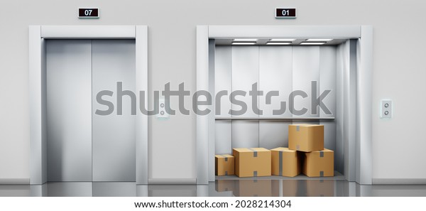 Cargo elevator with cardboard boxes in open cabin\
and service lift with closed doors in hallway. Building hall\
interior with silver metal gates, indoor transportation in office\
or warehouse, 3d\
render
