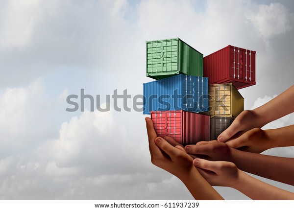 Cargo group\
shipping concept and international free trade agreement symbol as a\
group of diverse ethnic hands holding freight containers with 3D\
illustration\
elements.