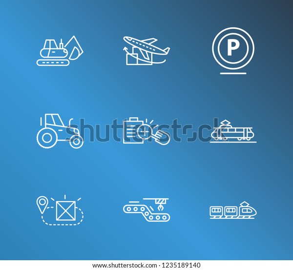Cargo icon set and digger with suburban\
train, ship by air and inspection. Automated manufacture related\
cargo icon  for web UI logo\
design.