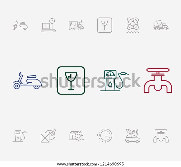 Cargo icon set and gasoline pipe with processing\
time, fragile sign and shipping scales. Breakable related cargo\
icon  for web UI logo\
design.