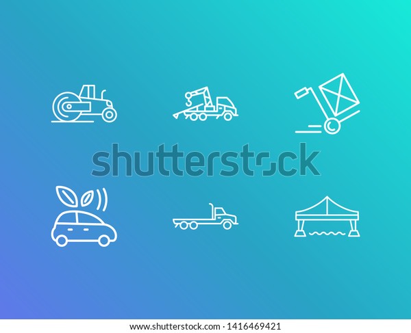 Cargo icon set and towing truck with steamroller,\
eco car and flatbed truck. Golden gate related cargo icon  for web\
UI logo design.
