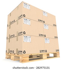 Cargo Pallet And Boxes. Perspective View Of Large Pile Of Brown Cardboard Boxes On Eur Pallet. Shipping Labels.