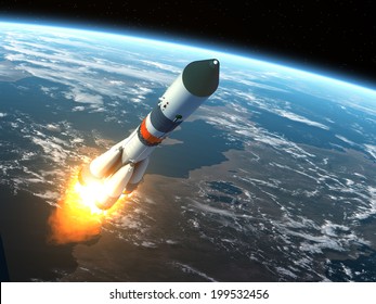 Cargo Rocket Takes Off. 3D Scene. Elements of this image furnished by NASA. 