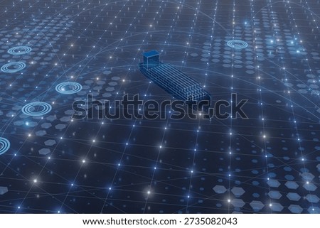 A cargo ship is shown moving through a digital environment. The background features a network of points and lines. This setting indicates advanced technology and data flow.