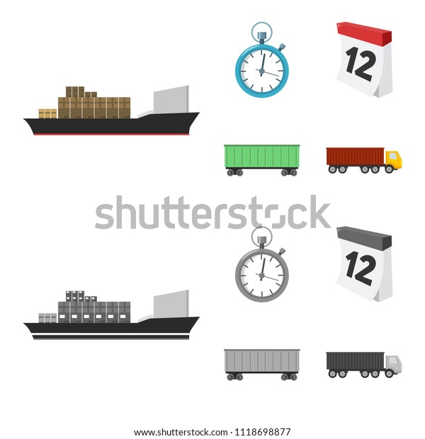 Cargo ship, stop watch, calendar, railway
car.Logistic,set collection icons in cartoon,monochrome style
bitmap symbol stock illustration
web.