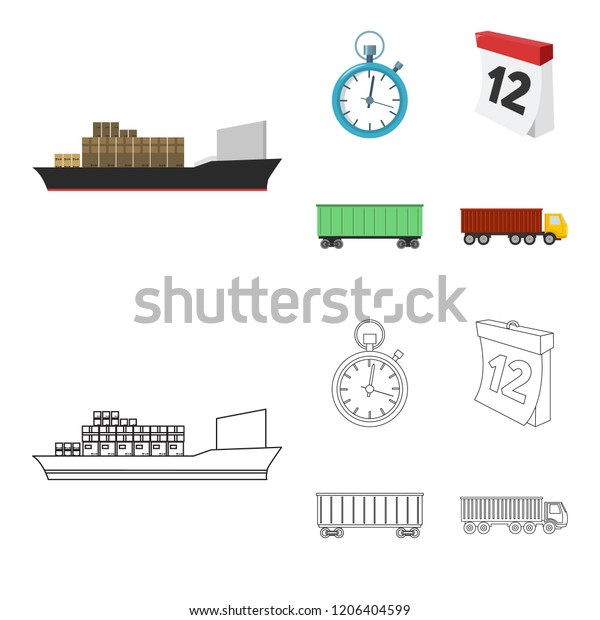 Cargo ship, stop watch, calendar, railway\
car.Logistic,set collection icons in cartoon,outline style bitmap\
symbol stock illustration\
web.